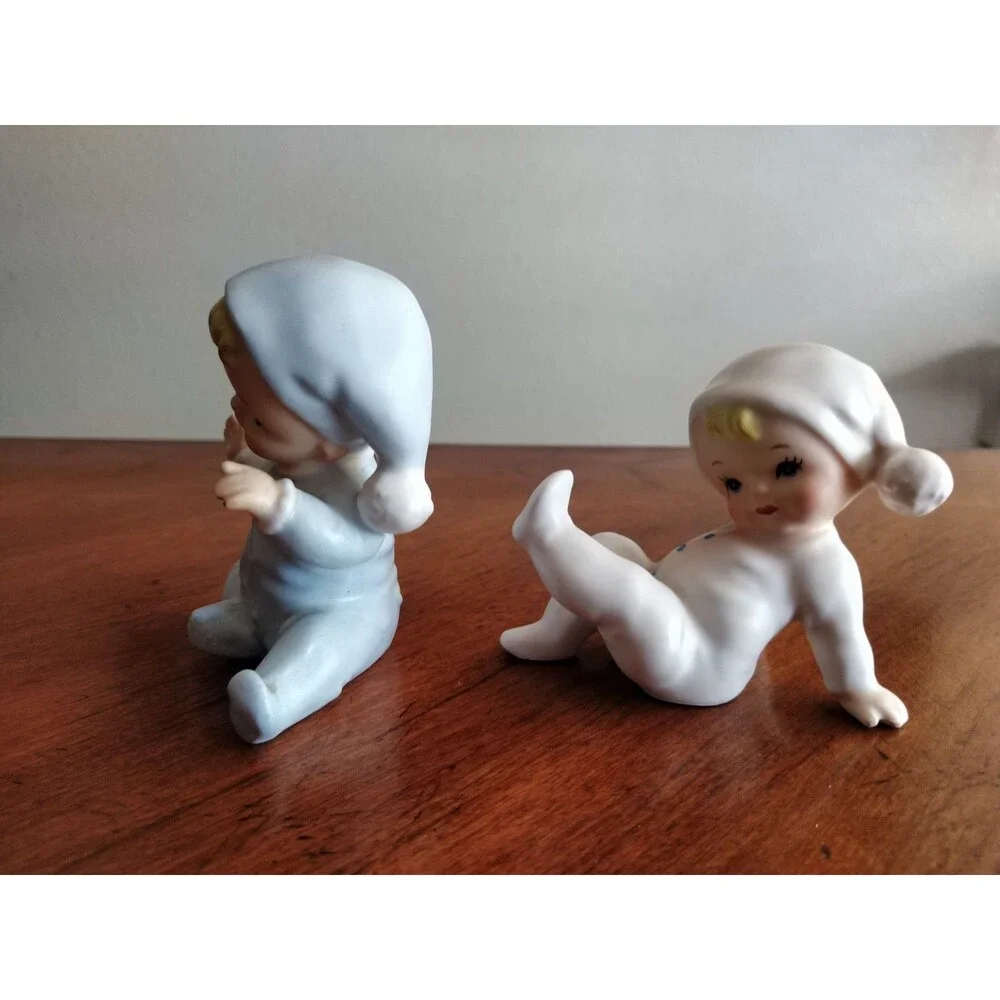 Vintage Figurines Japan Lot Of 2 Pajama Baby Pixie Norcrest 1950s 60s Blue Wht